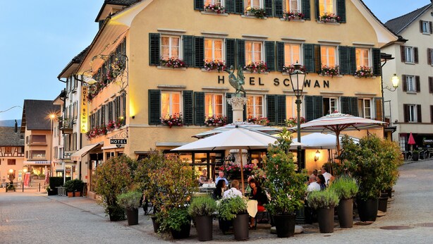 A hotel with outdoor seating, potted plants, and a sign reading "Hotel Schwan". - Romantik Hotel Schwan (Horgen)