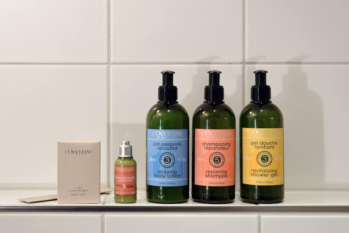 free toiletries, hair dryer, towels