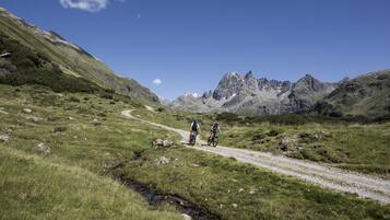 A mountain path with two cyclists.
