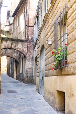 A narrow street with stone buildings, an arched bridge, and a window with red flowers. - Albergo Tre Donzelle (Siena)