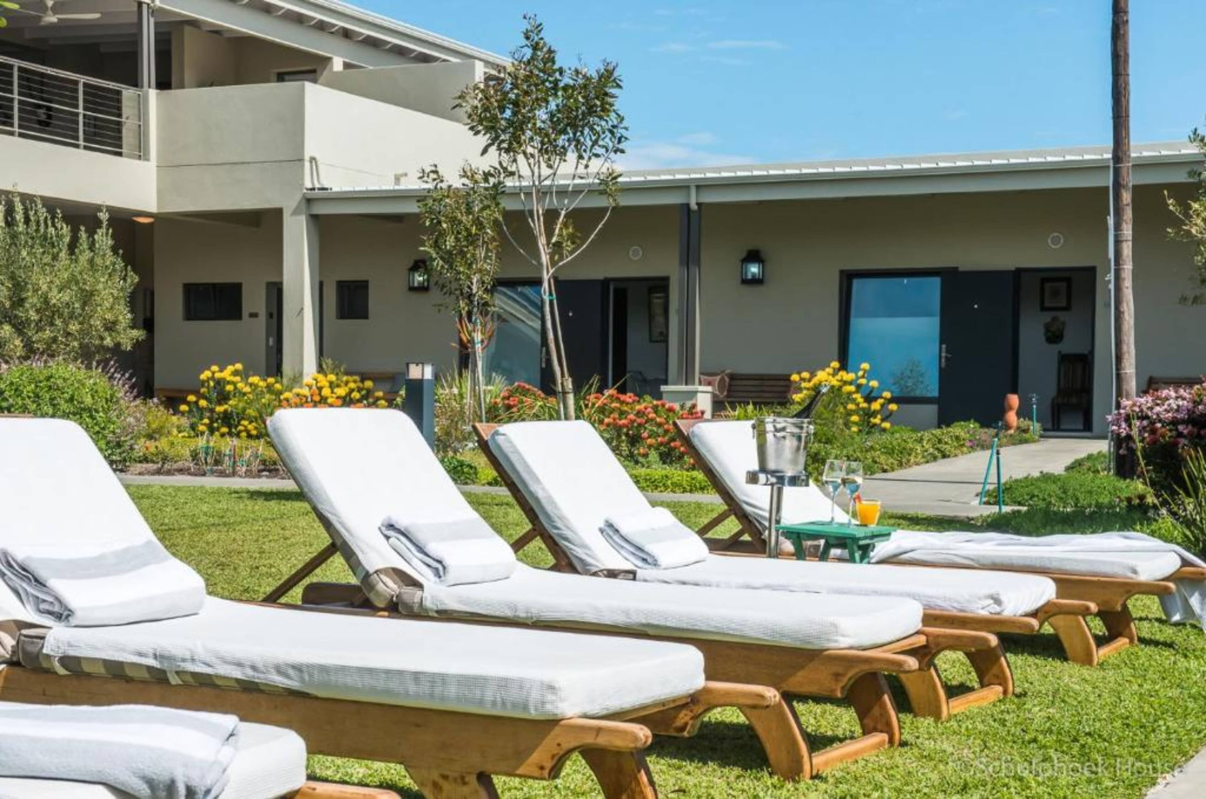 Outdoor pool, pool umbrellas, pool loungers