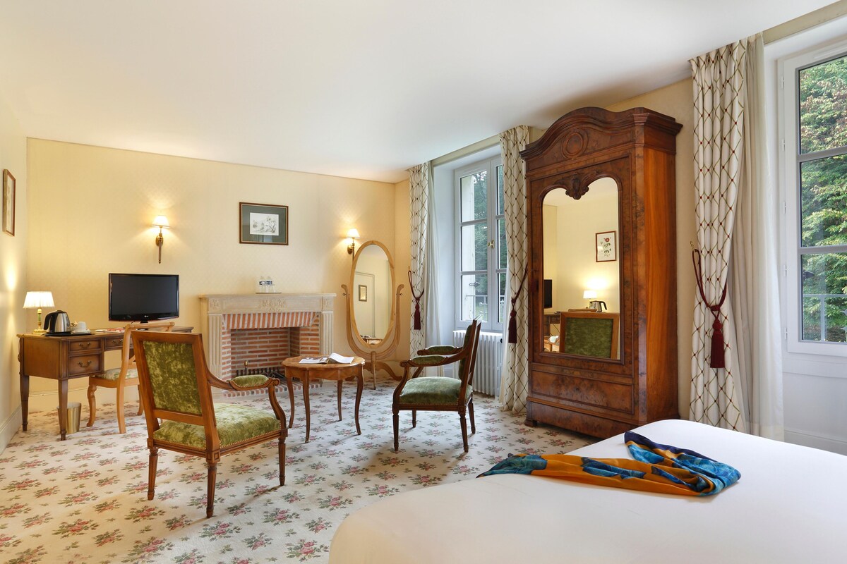 Habitación de hotel con cama, dos sillas, escritorio con televisor, chimenea y espejo grande.