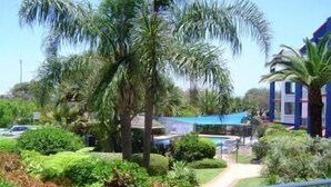 A hotel with a pool, surrounded by lush greenery and palm trees. - Casablanca Beachfront Holiday Apartments (Kings Beach)
