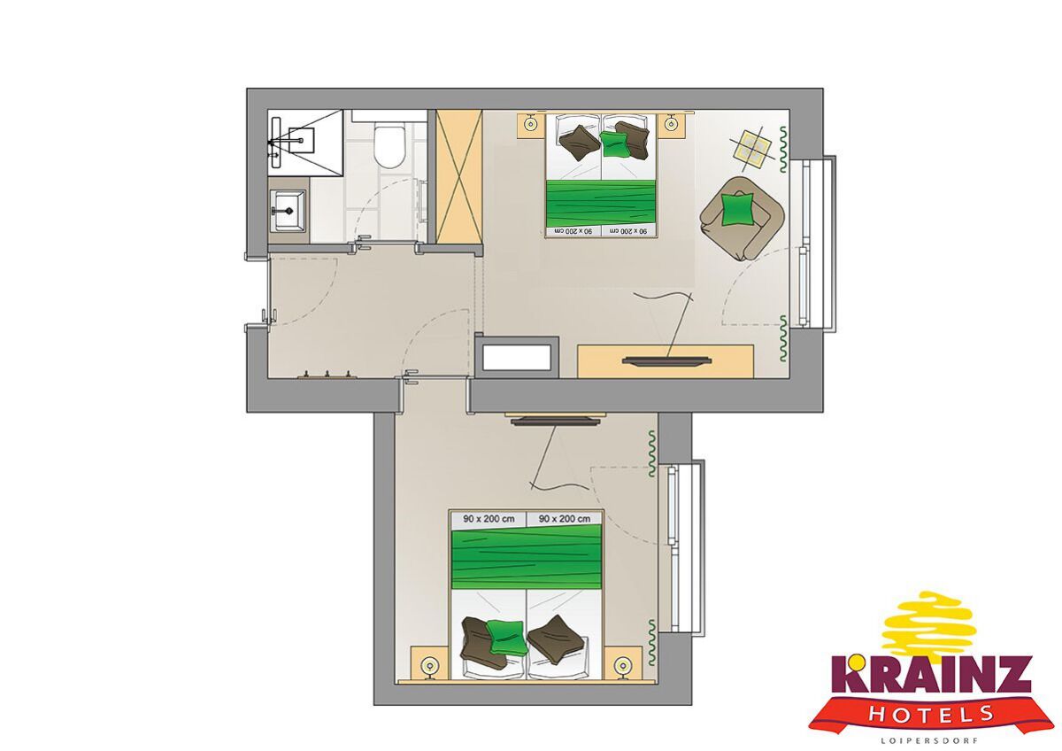 A hotel room layout with two beds, a desk, a chair, a TV, and a bathroom.