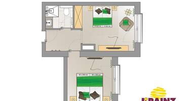 A hotel room layout with two beds, a desk, a chair, a TV, and a bathroom.