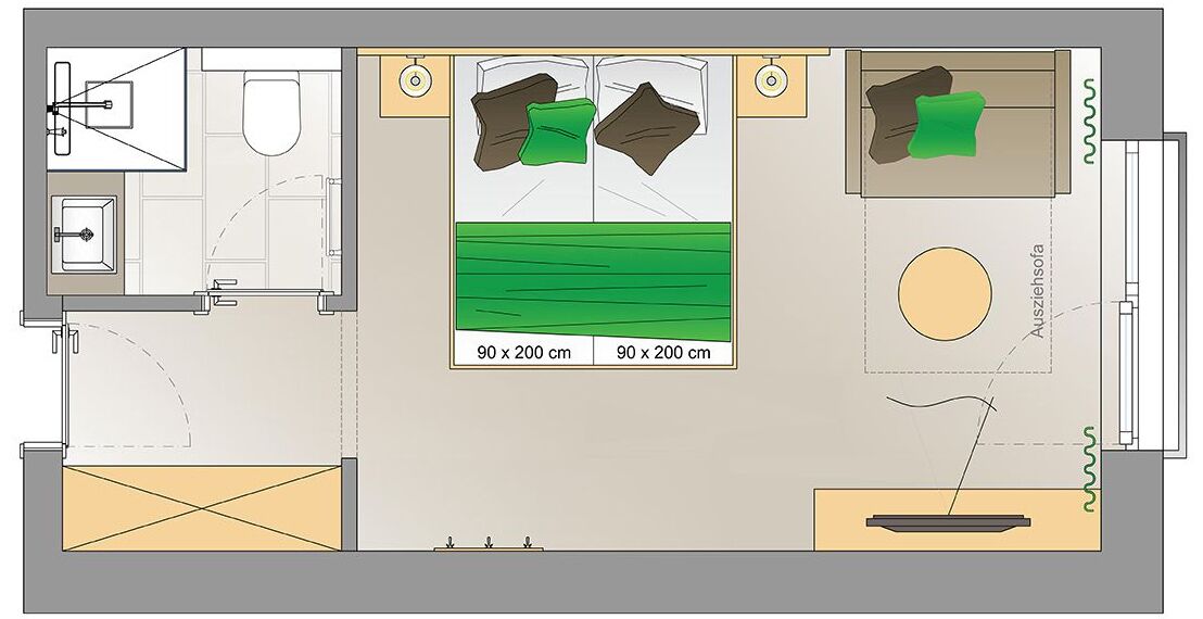 Distribución de una habitación de hotel con cama, dos mesitas de noche, un sofá, una pequeña mesa y un baño.