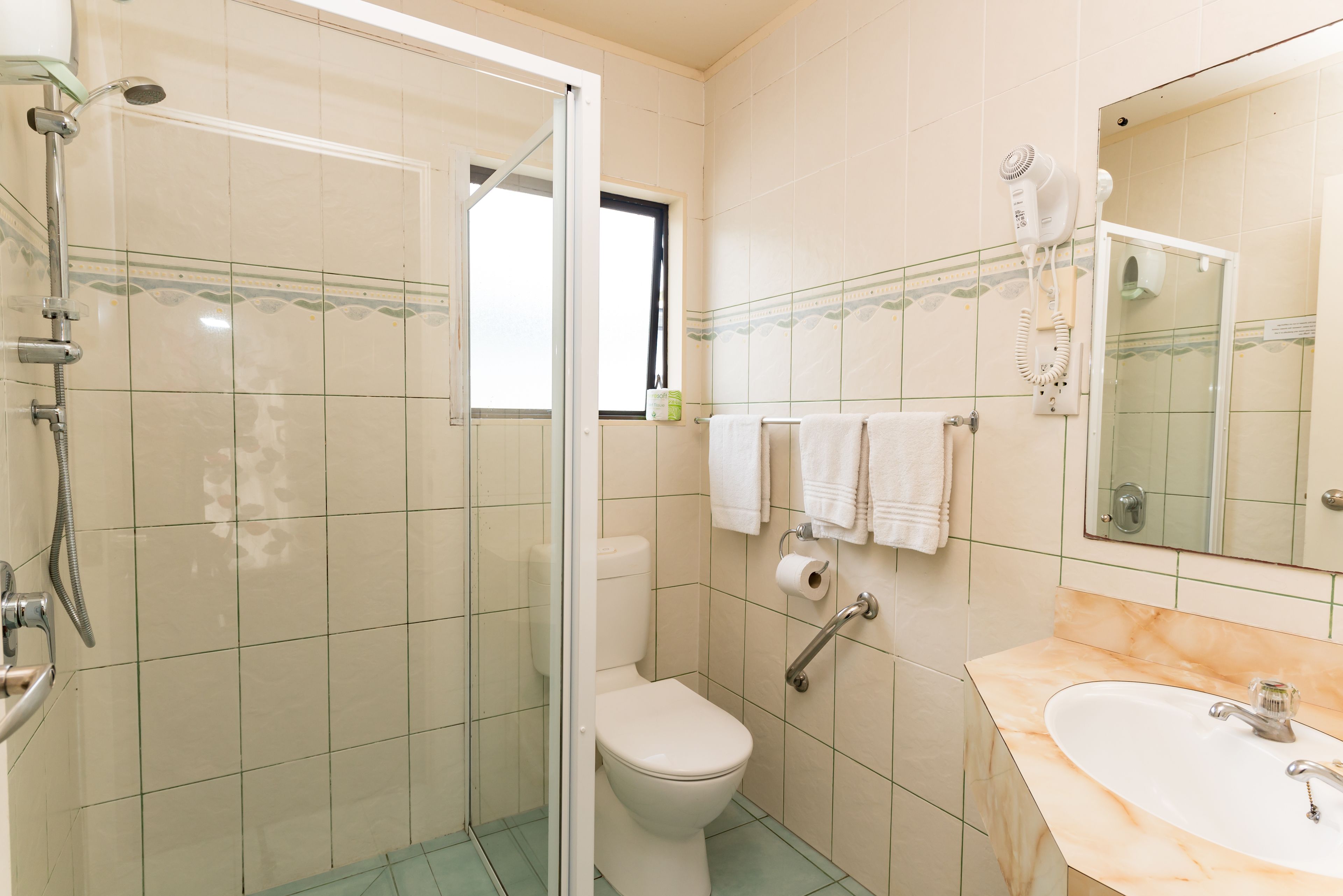 A bathroom with a glass-enclosed shower, a toilet, a sink, and a mirror.