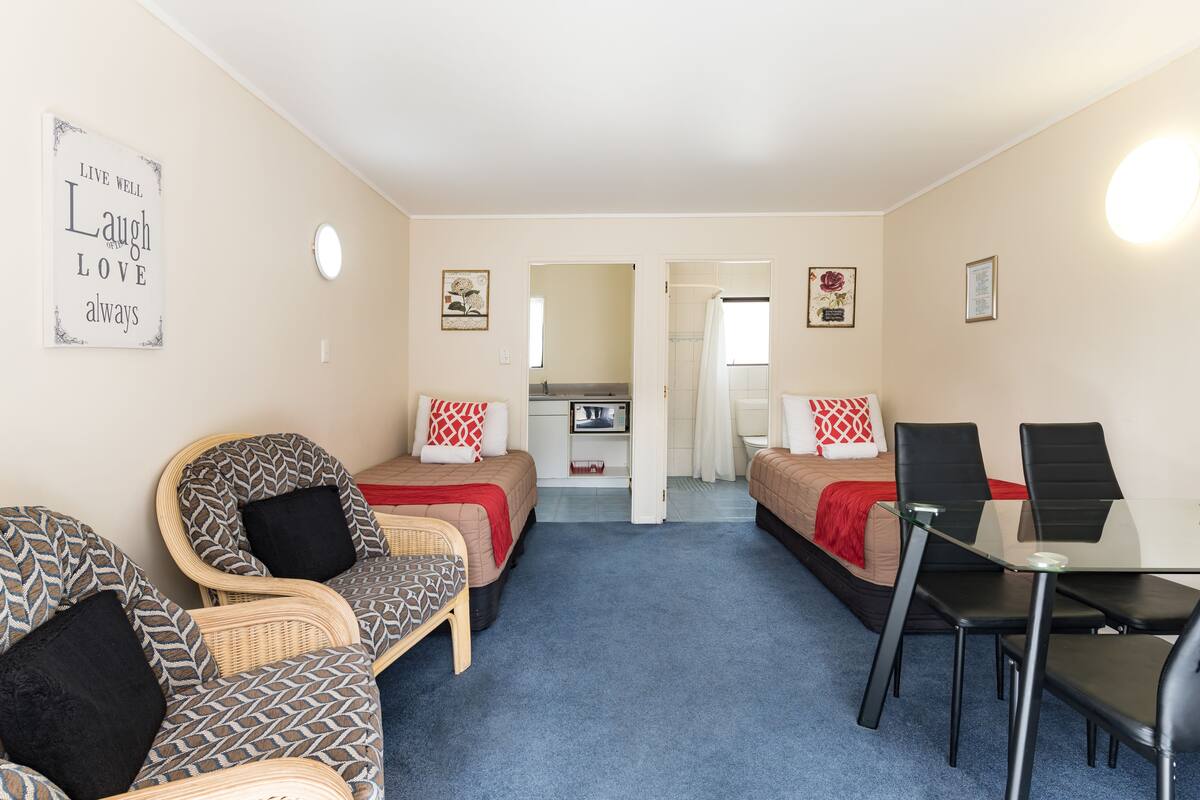 A room with a bed, two sofas, a dining table, and a kitchen area in the background.