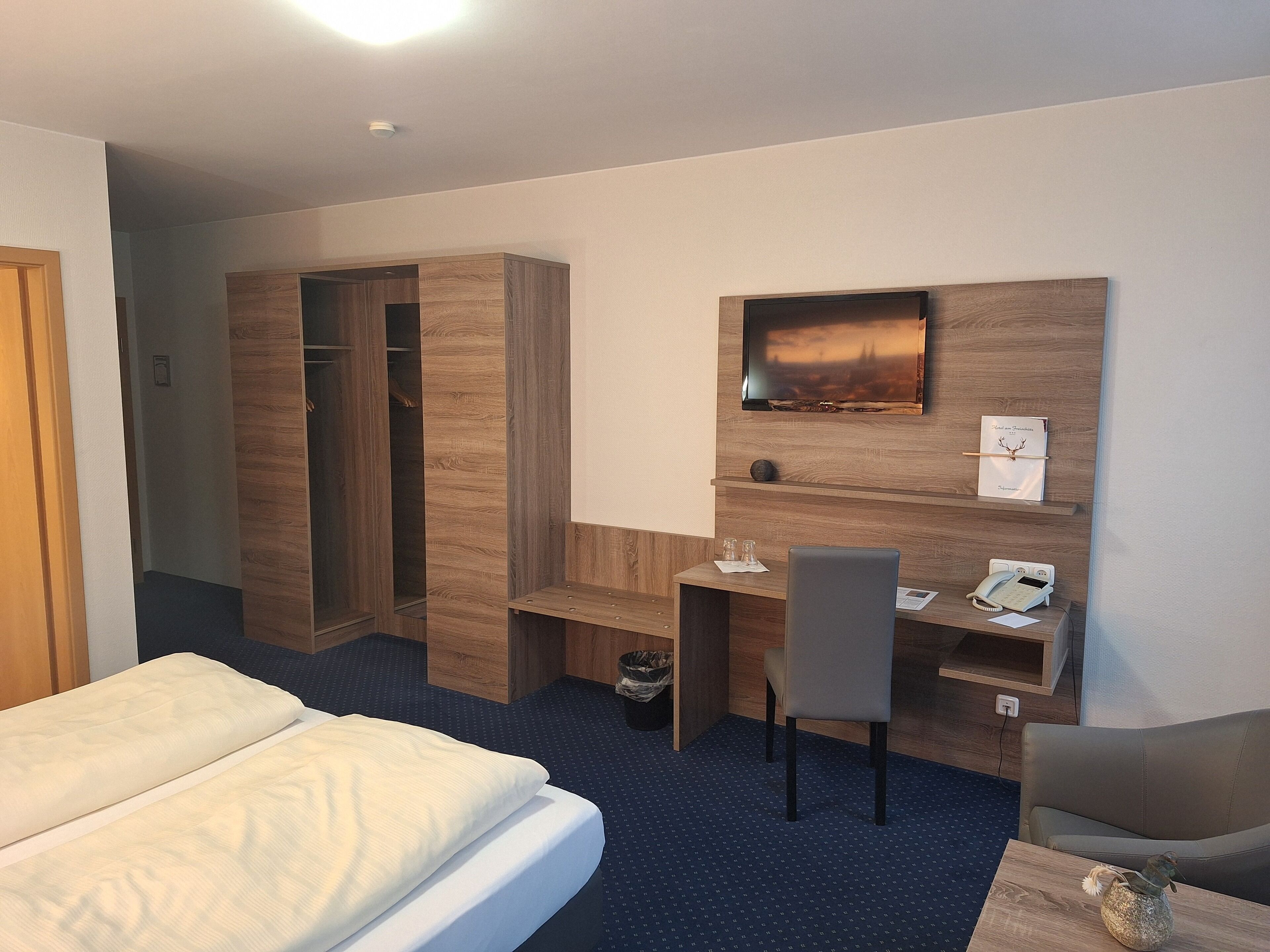 A hotel room with a bed, a desk, a chair, a TV, and a wardrobe.