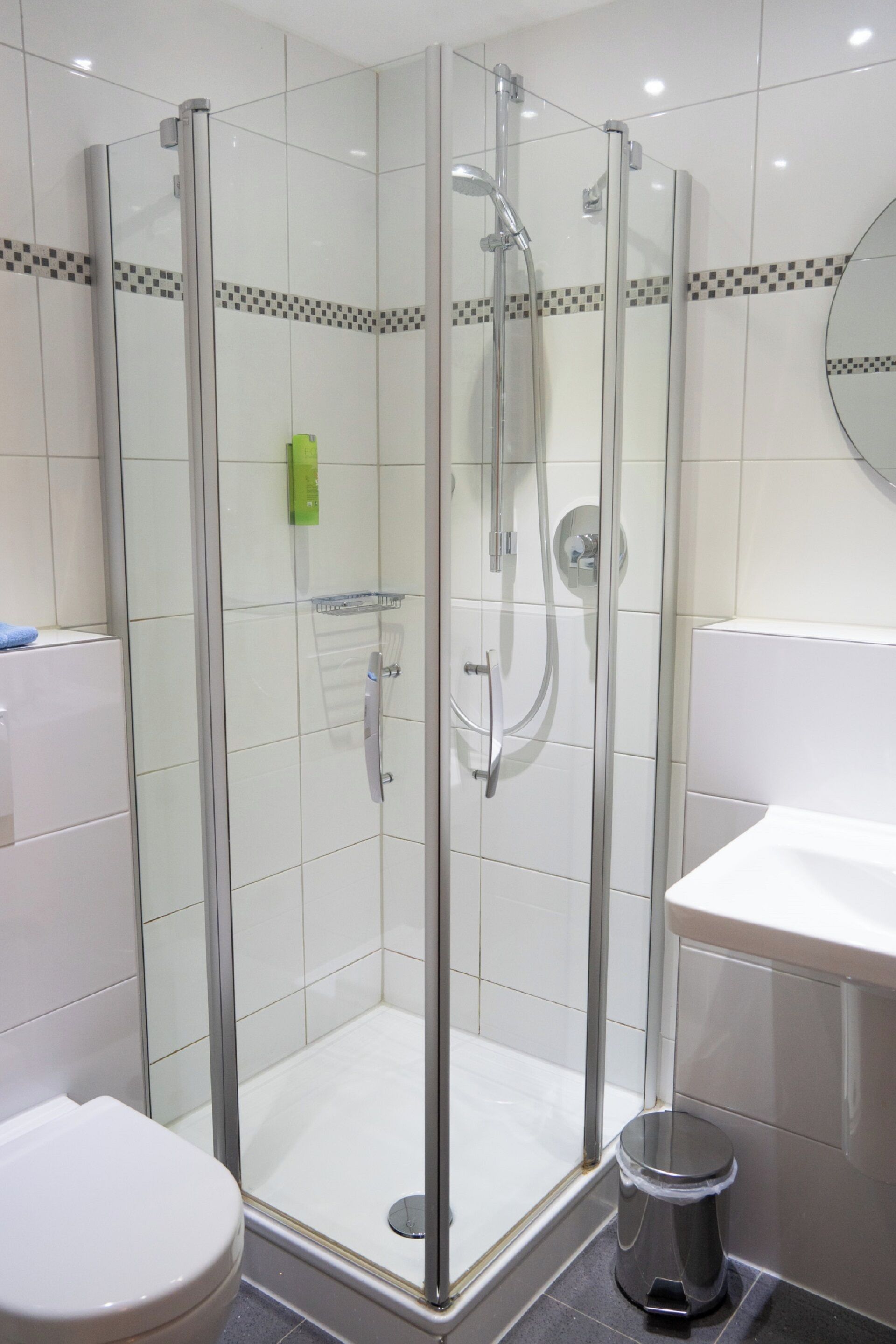 Een moderne badkamer met een douchecabine van glas, een wit toilet en een wastafel.