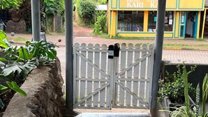 Una entrada cubierta con un camino vallado que lleva a un edificio con fachada amarilla y azul, con el letrero "Ballet Kari".