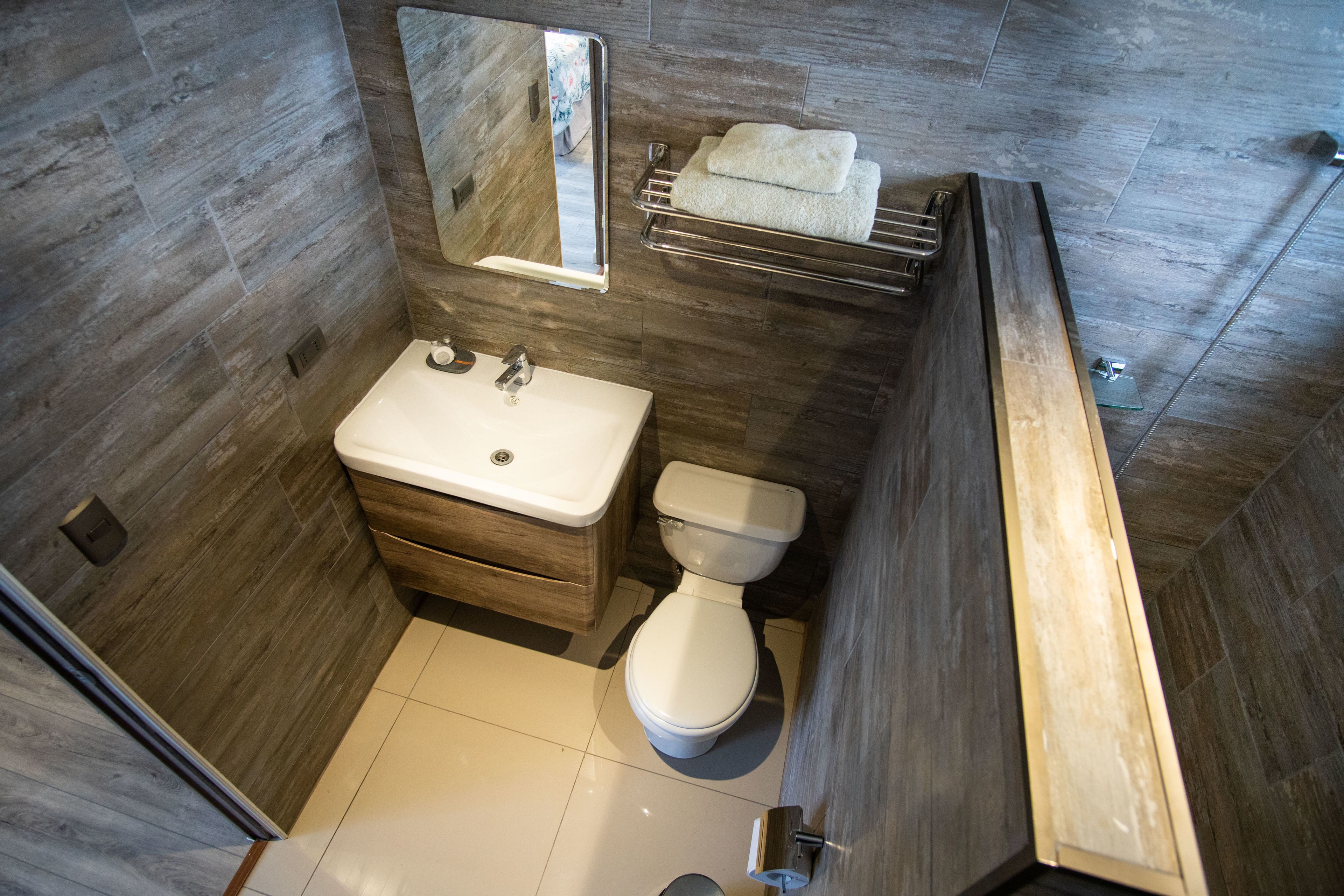 shower, rainfall showerhead, hair dryer, towels