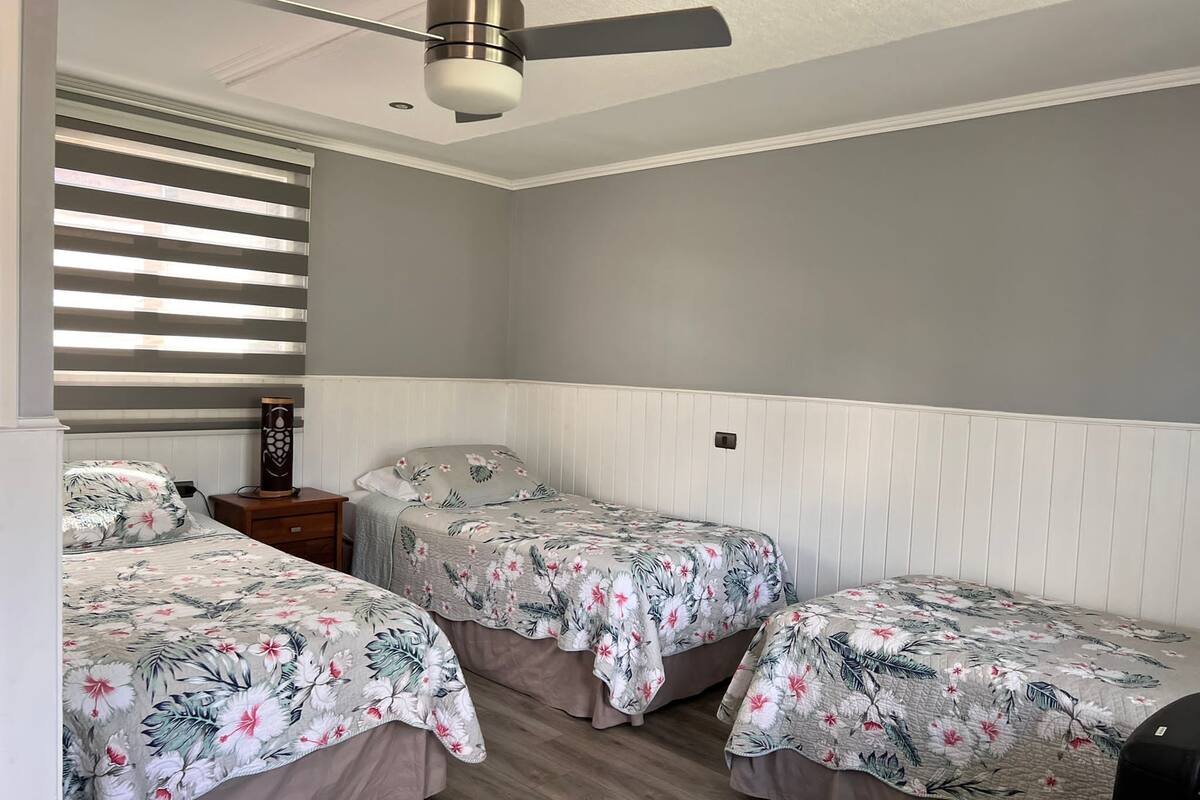 A bedroom with two single beds, a ceiling fan, a nightstand, and a window with blinds.
