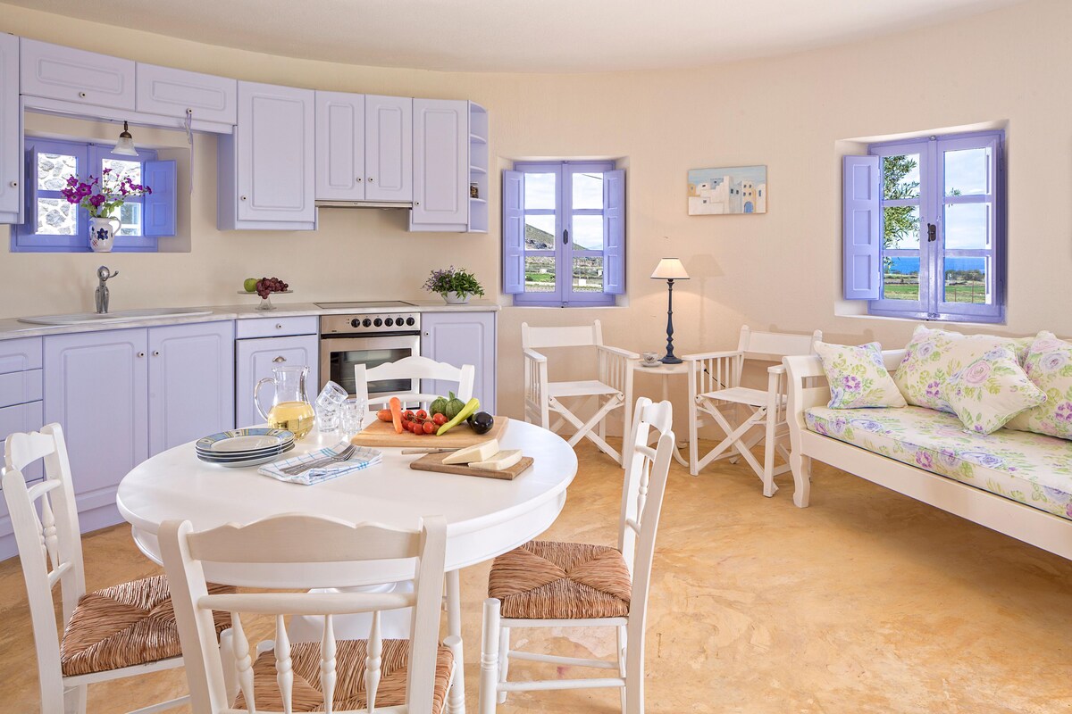 A kitchen with a dining table, chairs, and a sofa in a room with windows.