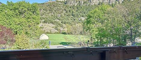 A view from a balcony with a railing, overlooking a mountainous landscape with trees and a clear sky.