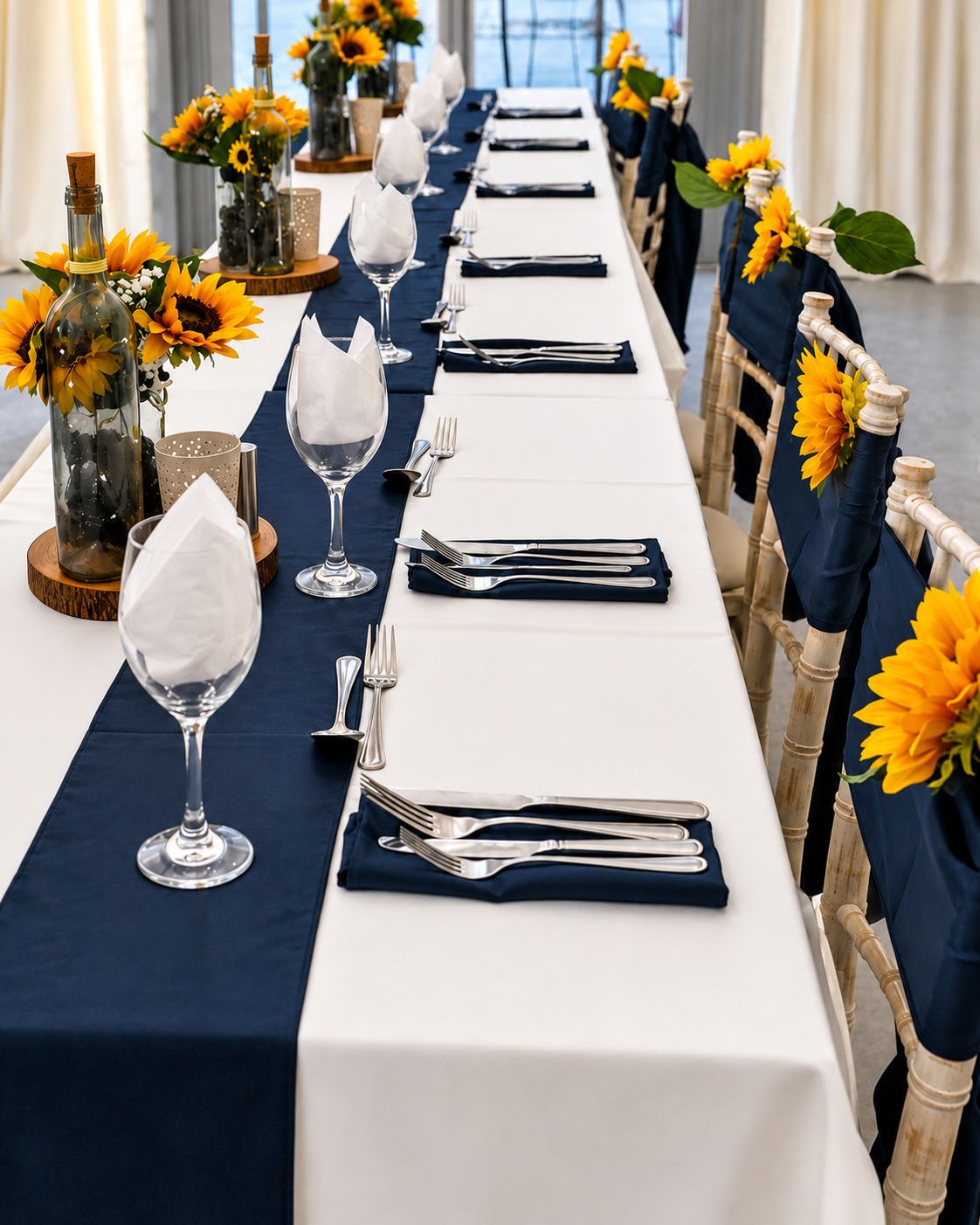 A long dining table with blue tablecloths, white napkins, and silverware neatly arranged. Sunflowers and glass bottles with flowers are placed on the table.