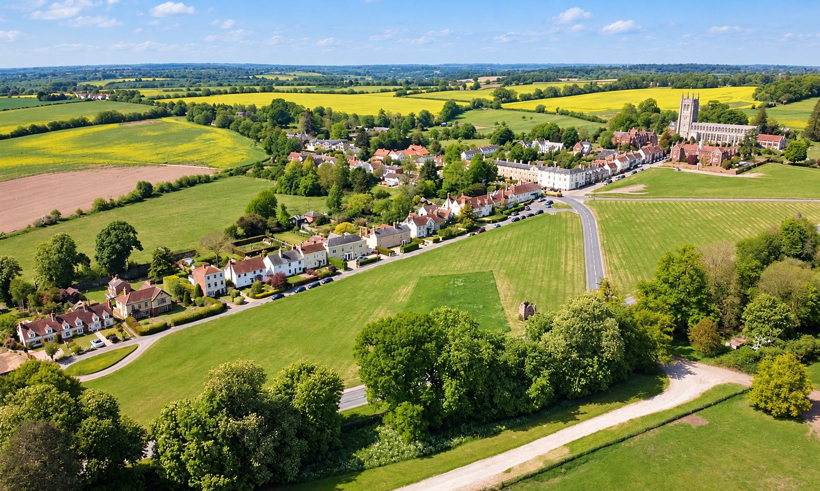 A rural village with houses, a church, and open fields.