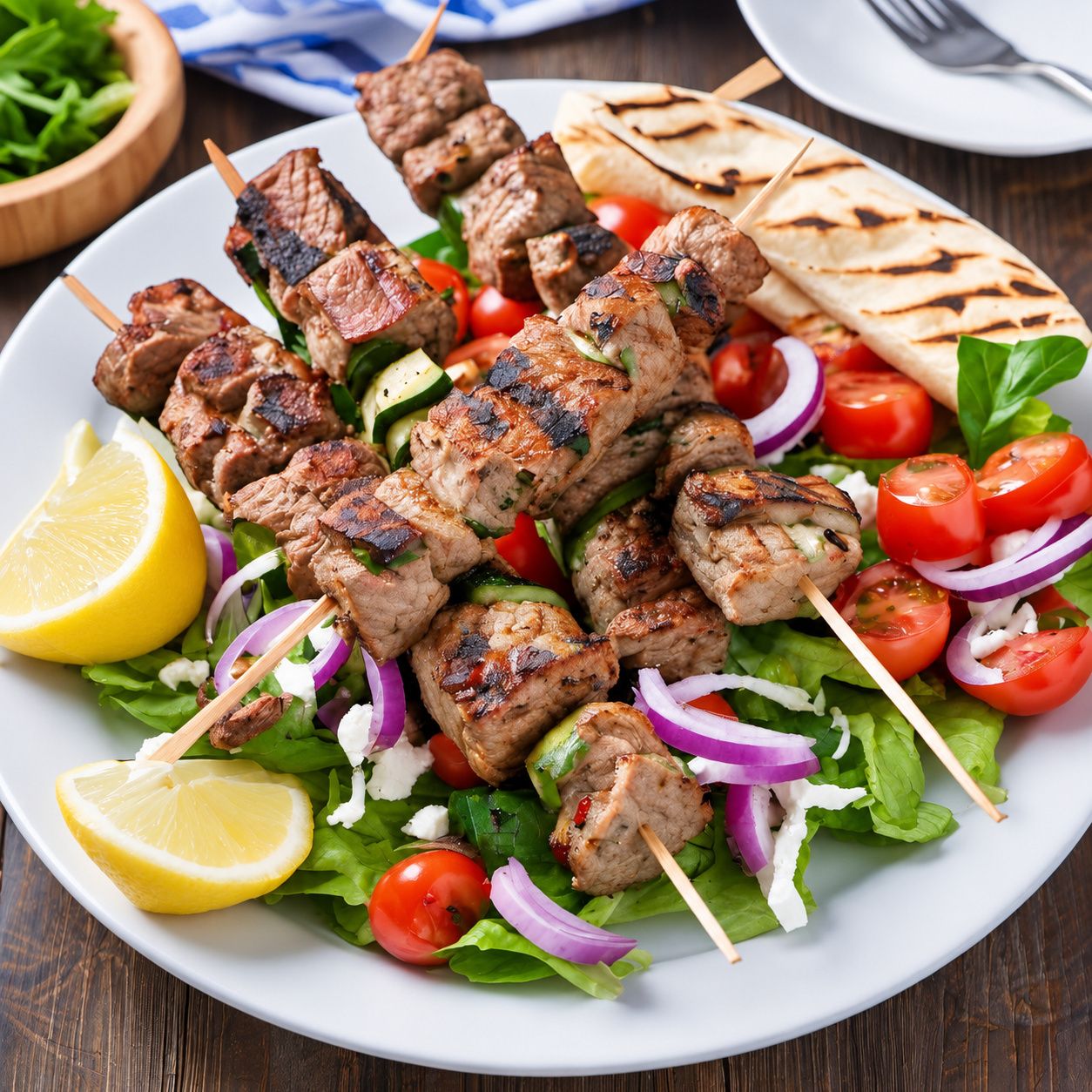 A plate of grilled meat skewers with vegetables and a slice of lemon.