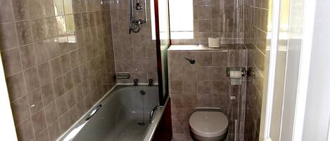 Un baño con bañera, inodoro y ducha.
