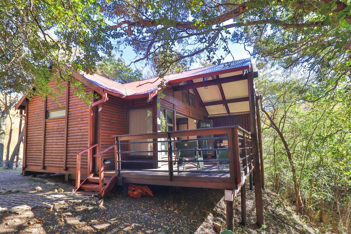 A wooden cabin with a porch and a covered area, surrounded by trees.