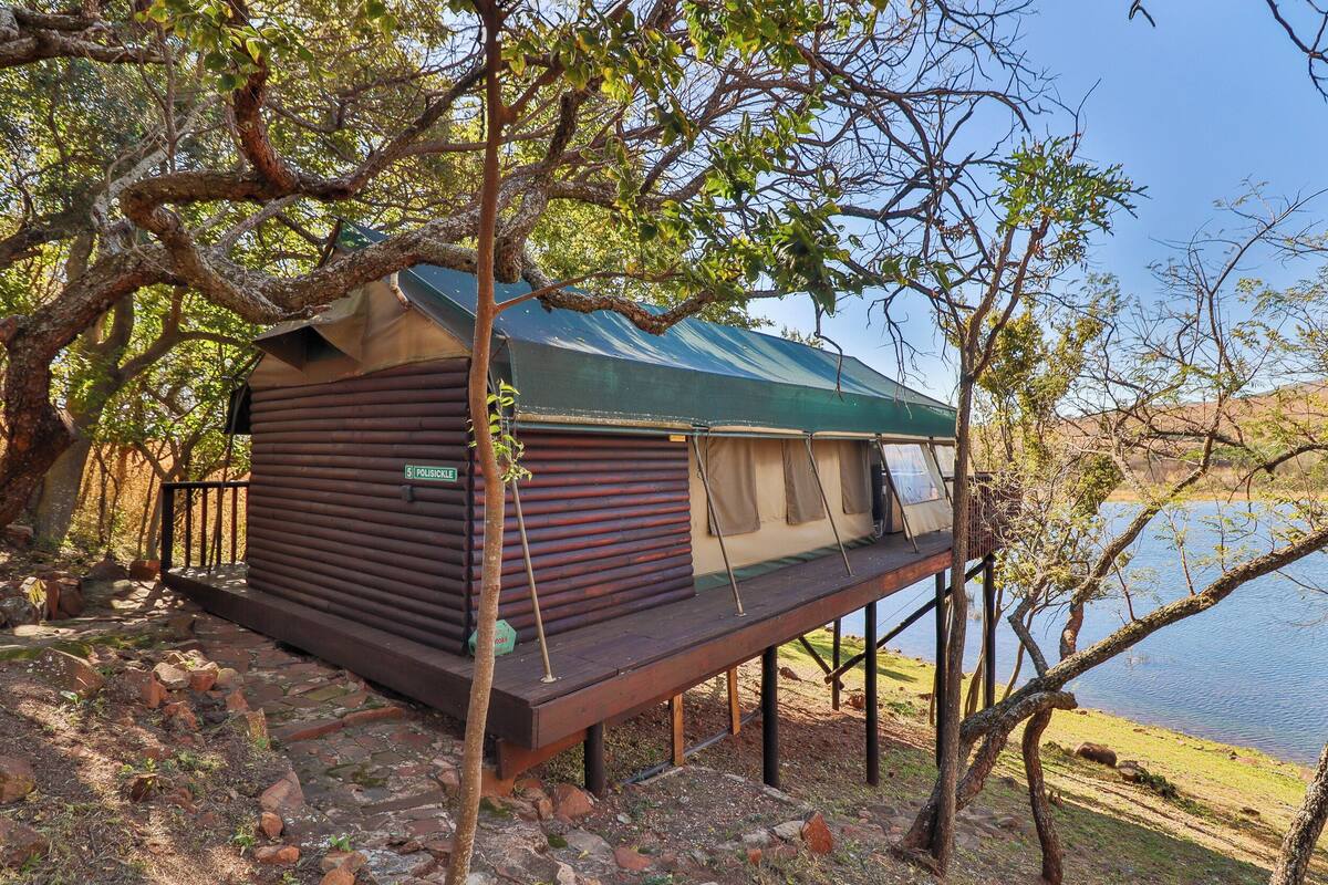 A wooden cabin with a green roof, situated on stilts by a lake, surrounded by trees.