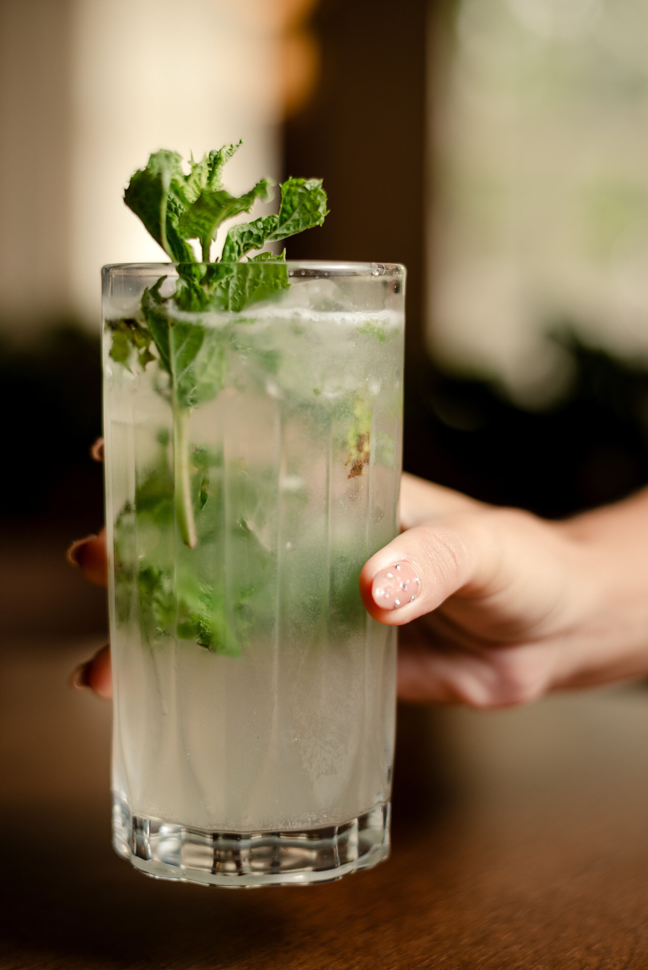 A clear glass with mint leaves and ice, held by a hand.