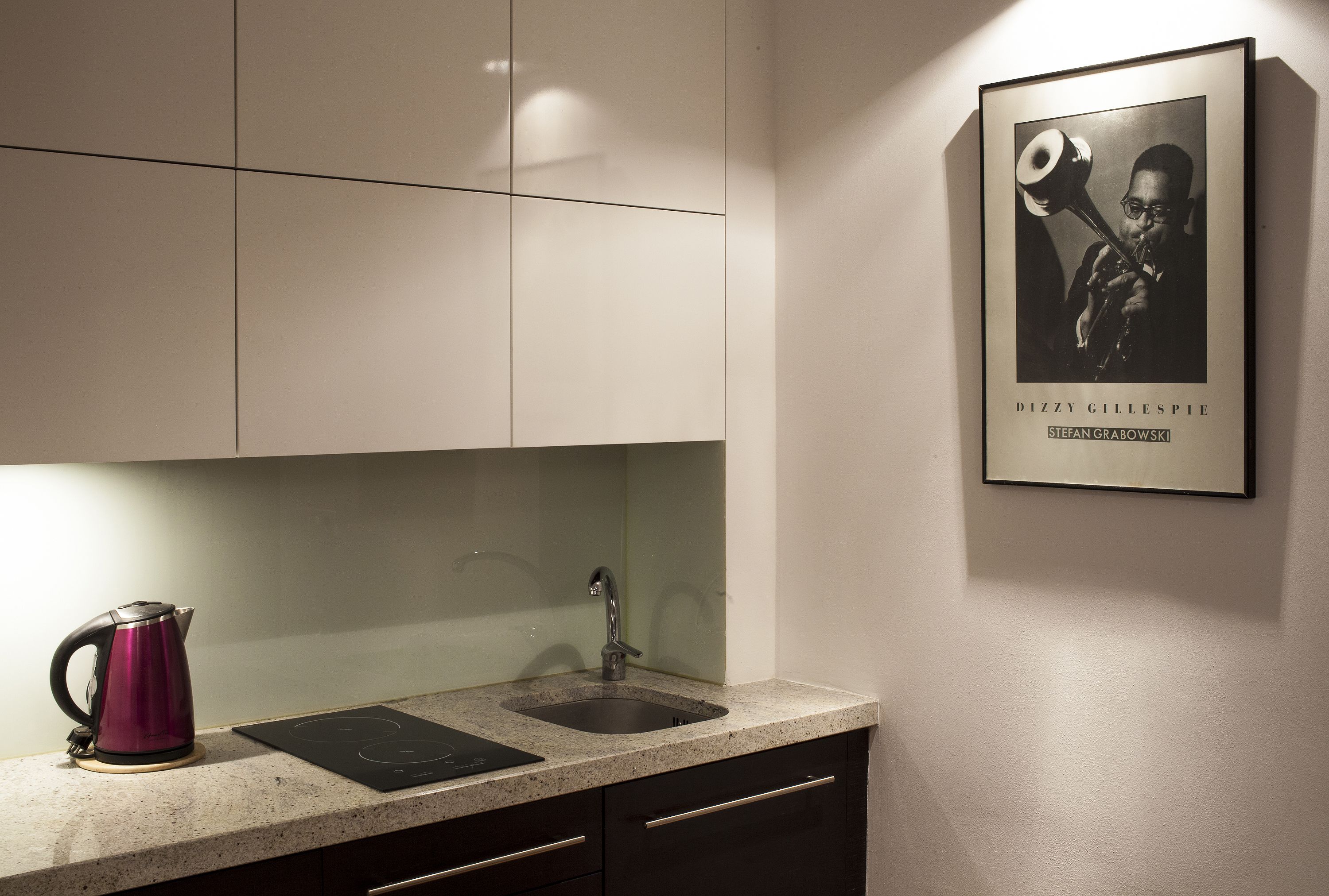A modern kitchen with a stainless steel kettle, a sink, and a framed picture of Dizzy Gillespie on the wall.