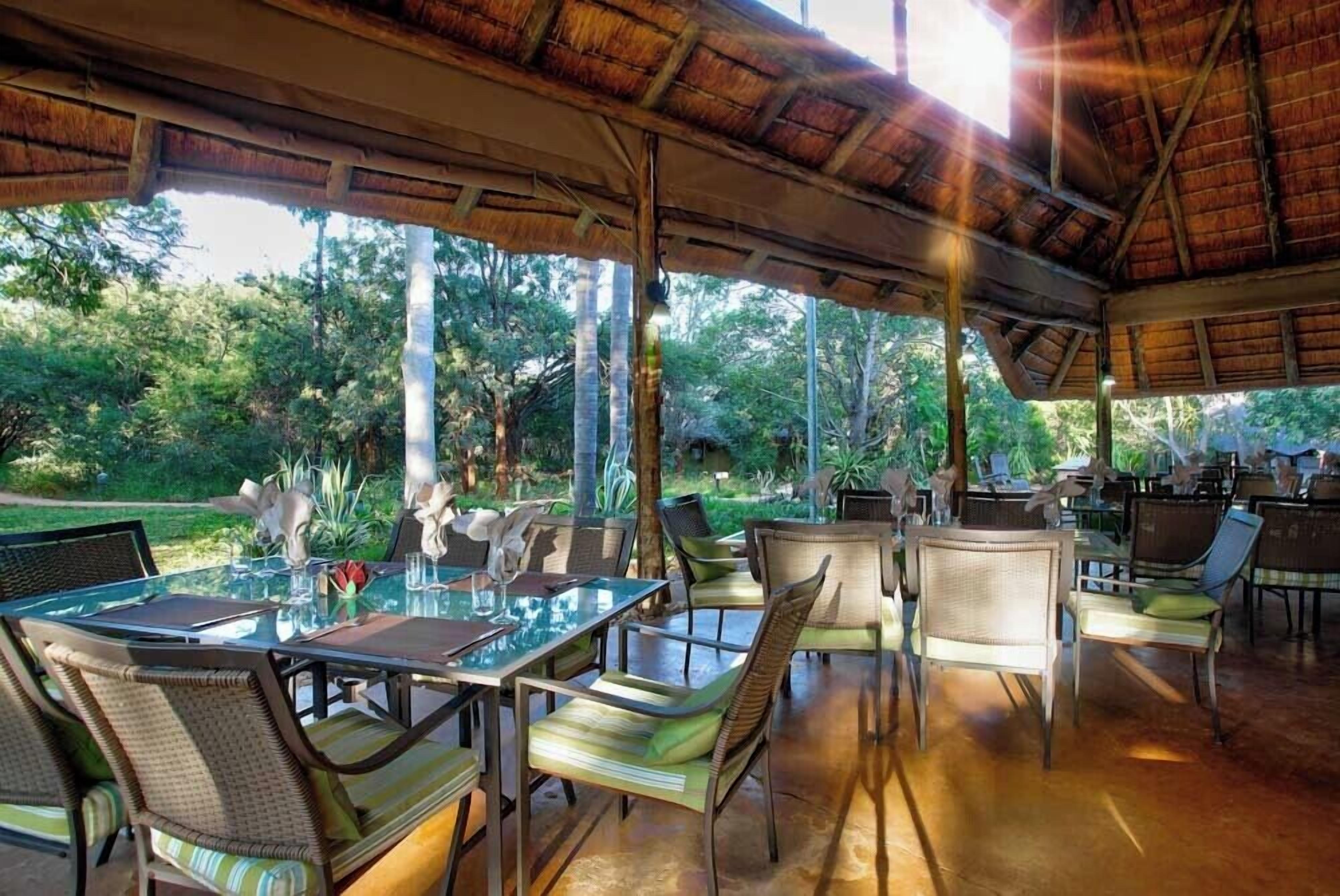 Un área de comedor al aire libre con mesas de vidrio y sillas de mimbre, rodeada de abundante follaje.