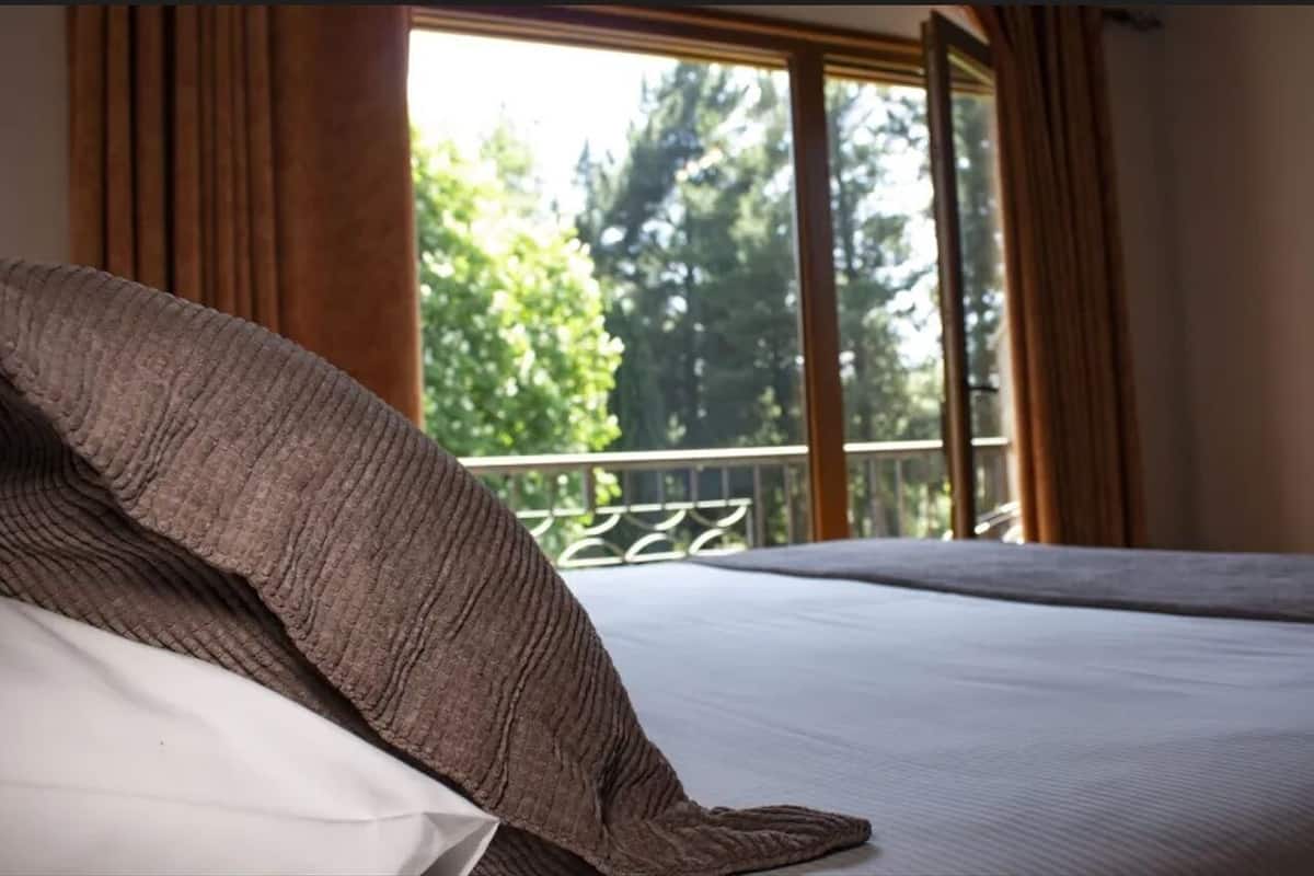Ein Bett mit weißem Kopfkissen und brauner Decke, ein Fenster mit Vorhängen sowie Blick auf Bäume draußen.