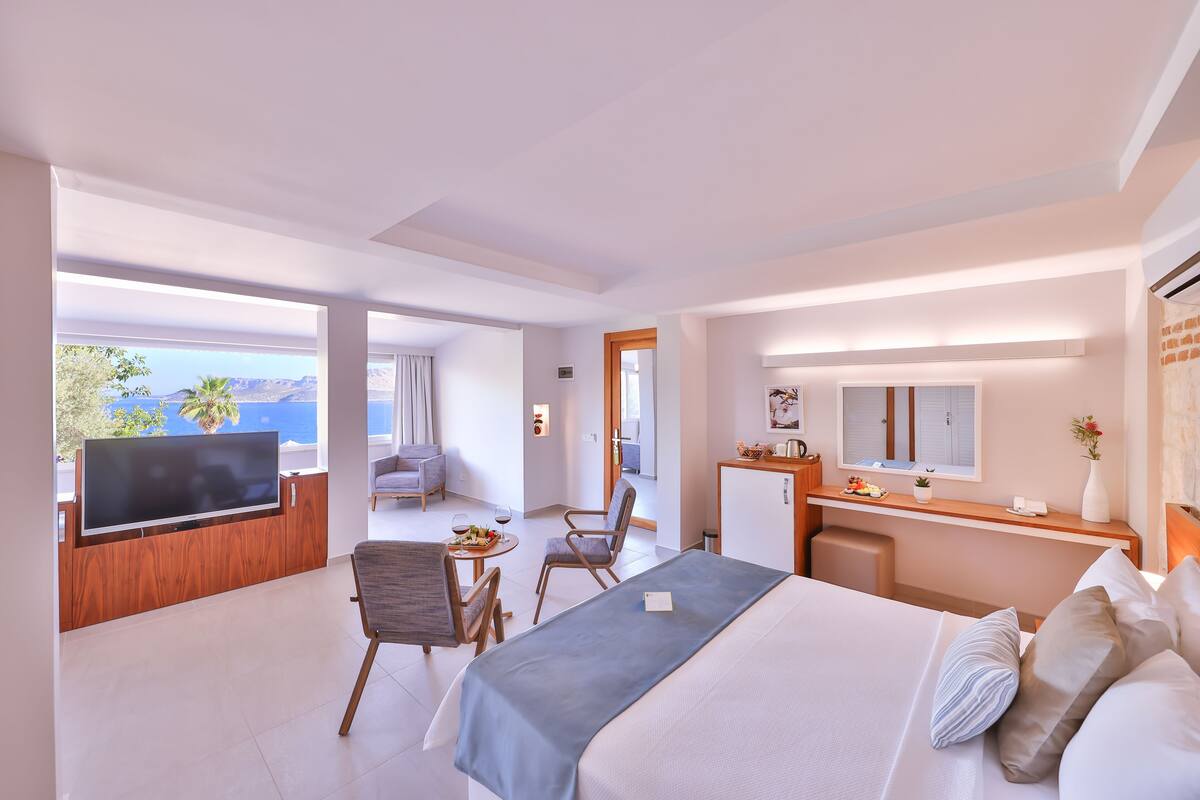 A modern hotel room with a large bed, a flat-screen TV, a desk, and a view of the outdoors.
