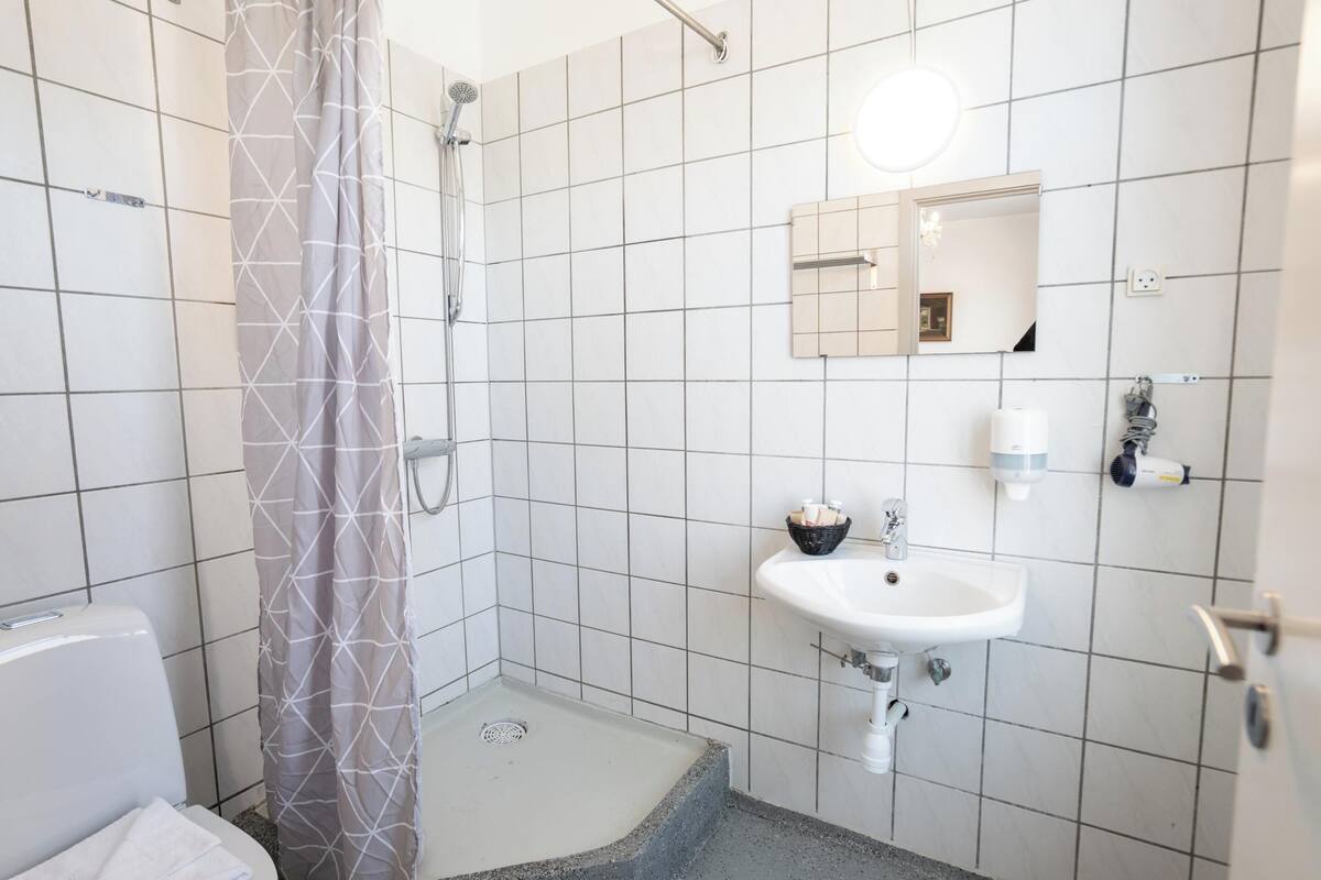 standard double room | bathroom | shower, towels, soap, shampoo