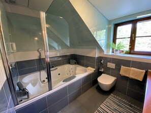Deluxe Apartment, 1 Queen Bed, Jetted Tub | Bathroom | Free toiletries, hair dryer, towels, soap - Hotel na Dolině (Trojanovice)