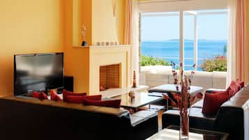 55-inch flat-screen TV with satellite channels, LED TV, fireplace