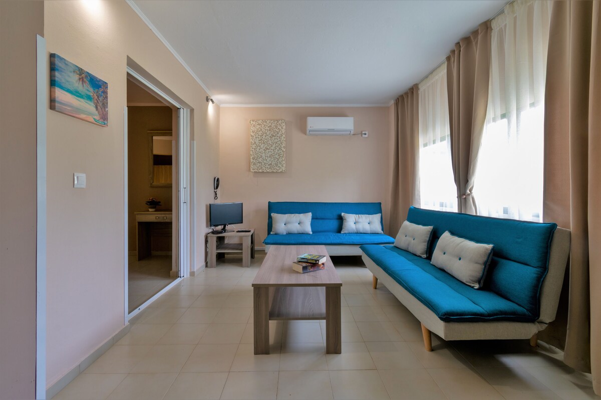 Una sala de estar con un sofá azul, una mesa de centro de madera y un televisor.