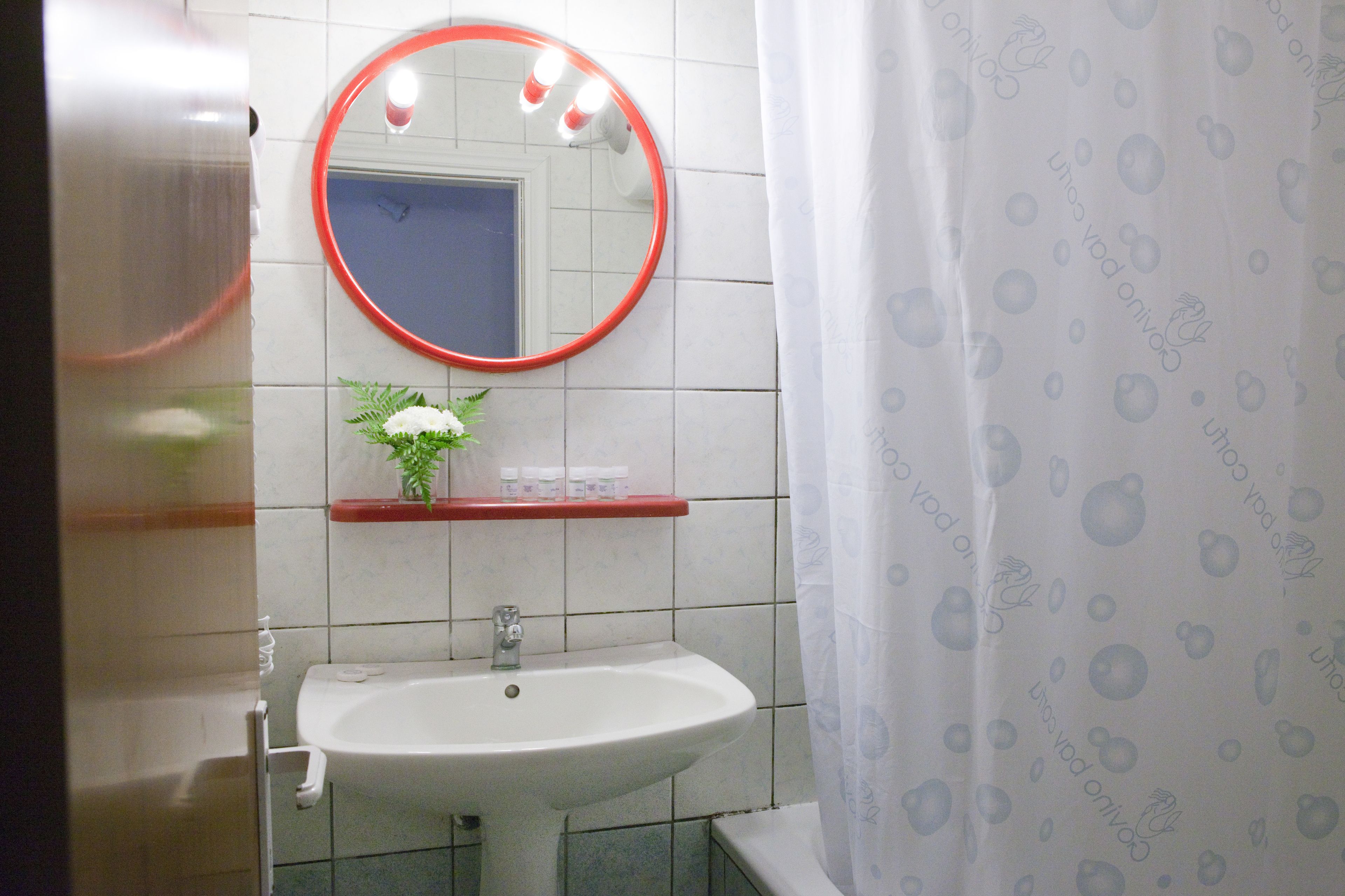 A bathroom with a white sink, a mirror with a red frame, a shelf with toiletries, and a shower curtain with a bubble pattern.