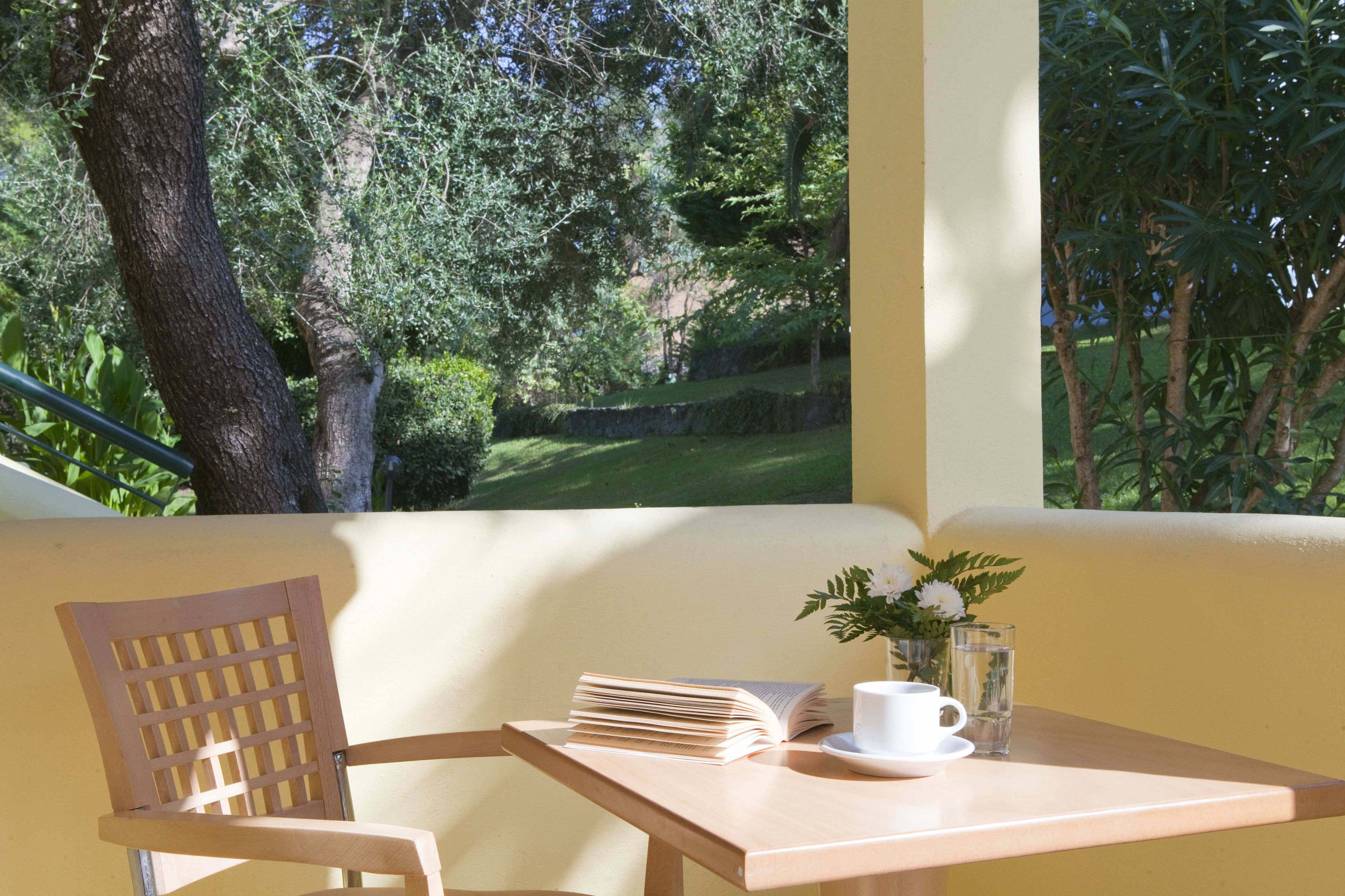 A wooden table with a white cup, a glass of water, and a book, set against a yellow wall with a view of a green landscape.