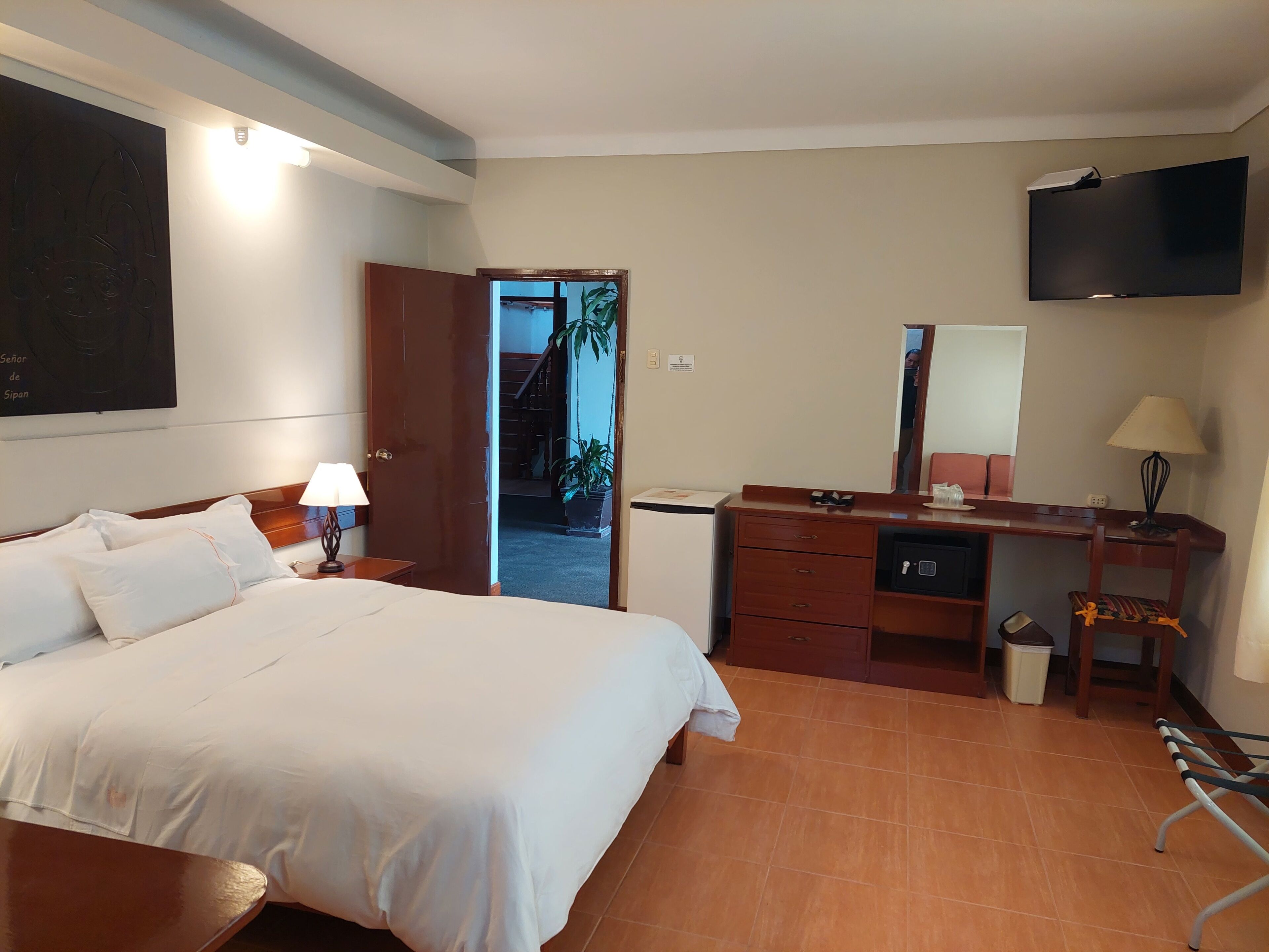 Habitación de hotel con cama, mesita de noche, lámpara, cómoda, espejo, televisor y puerta que da a un pasillo.