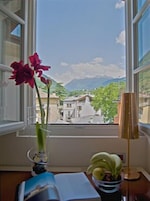 A window with a view of mountains and buildings, a vase with flowers, and a bowl of fruit on a table.
