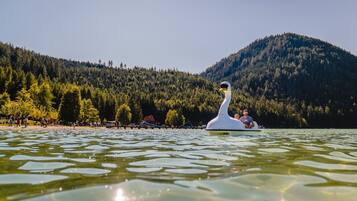 A swan-shaped boat on a lake with a forested mountain in the background.