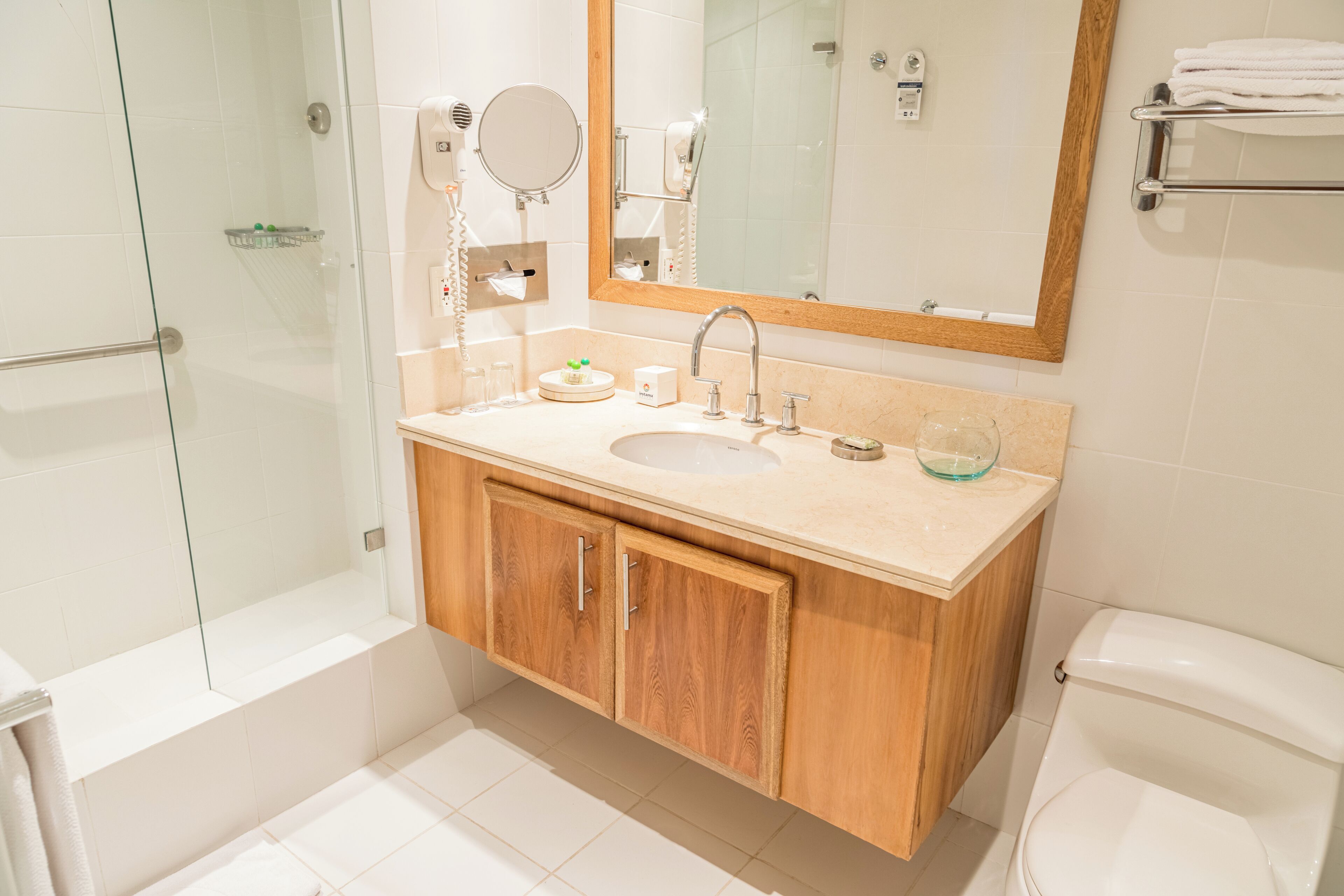 shower, rainfall showerhead, designer toiletries, hair dryer