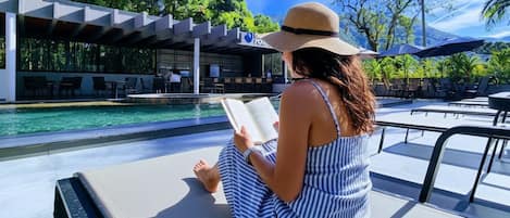 Indoor pool, open 10:00 AM to 10:00 PM, pool umbrellas, sun loungers