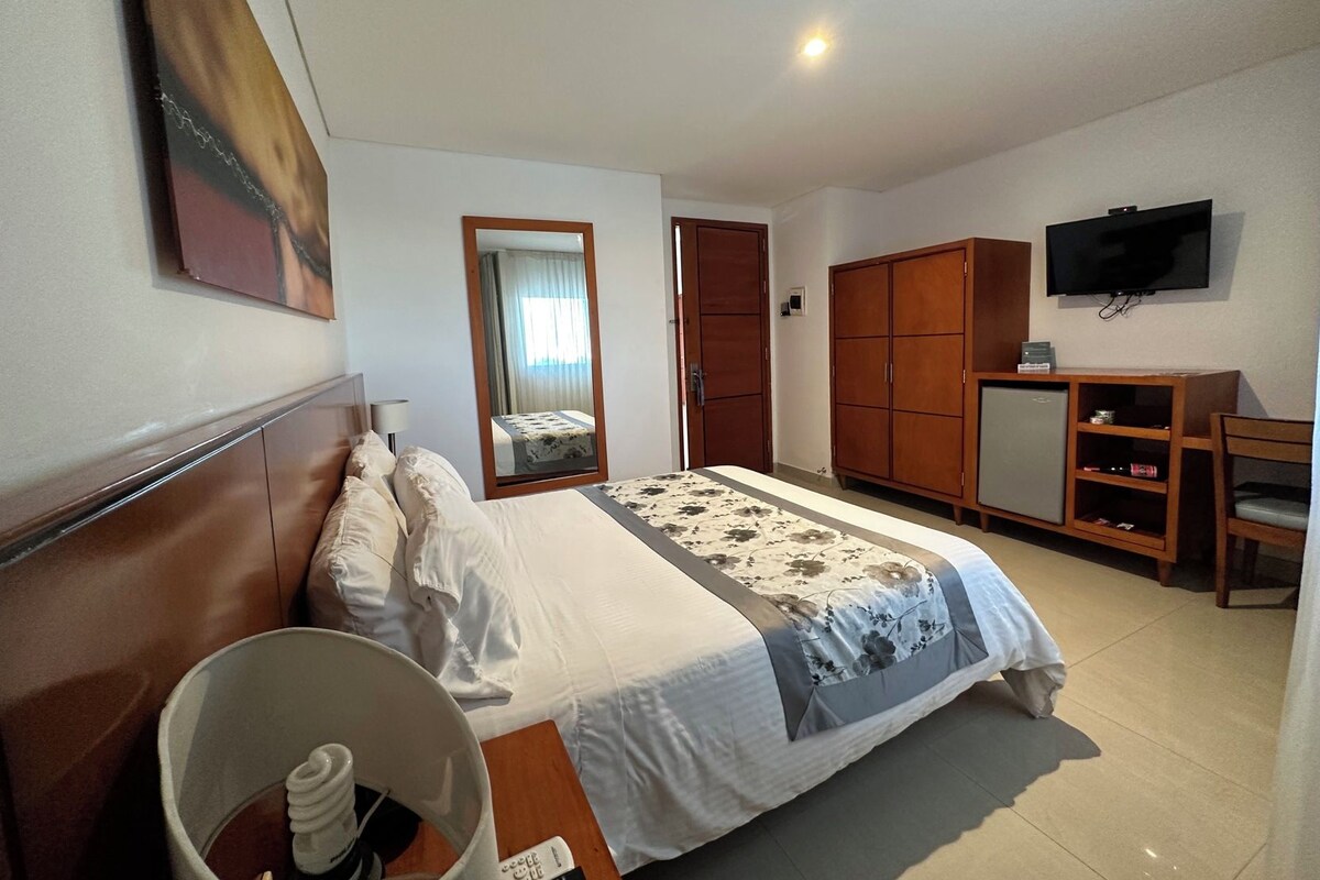 Una habitación de hotel con cama, armario, televisor y escritorio.