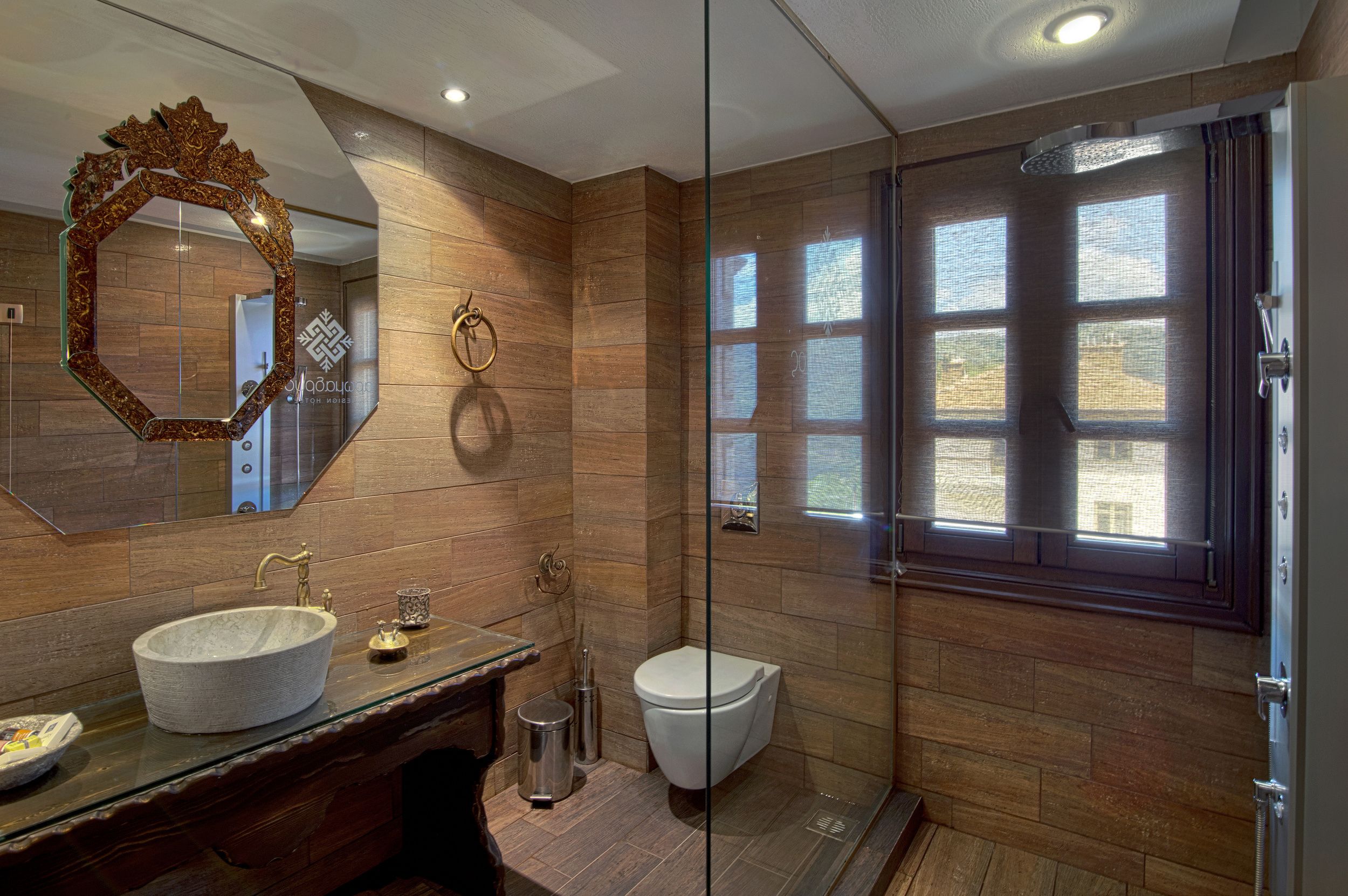 deluxe double room, fireplace, mountain view | bathroom | designer toiletries, hair dryer, bathrobes, slippers