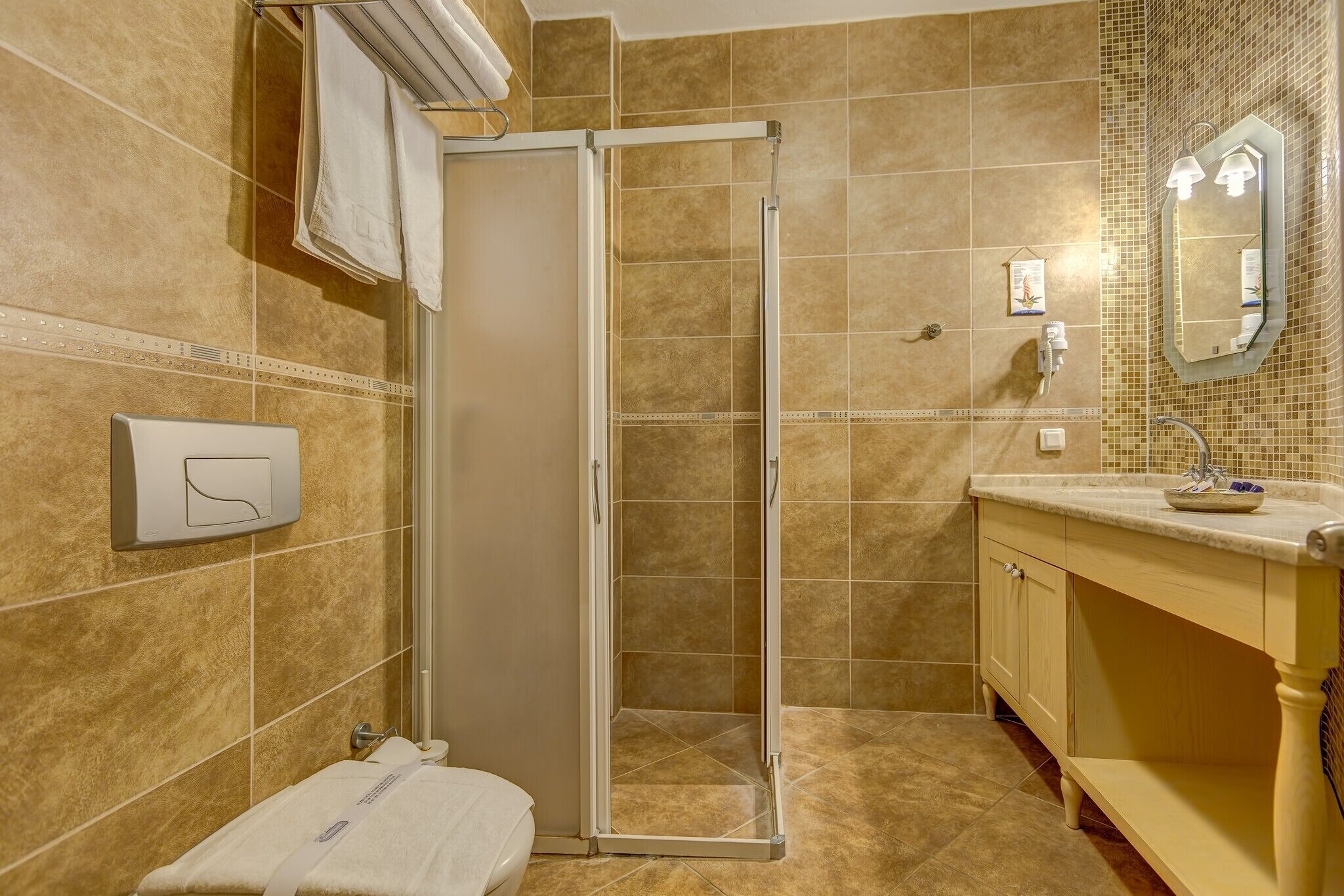 Une salle de bain avec douche, toilettes et lavabo.