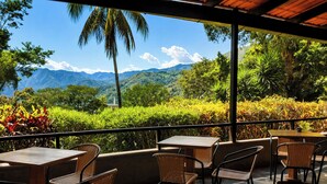 Un área de estar al aire libre con mesas y sillas, con vistas a un paisaje montañoso con abundante vegetación y palmeras.