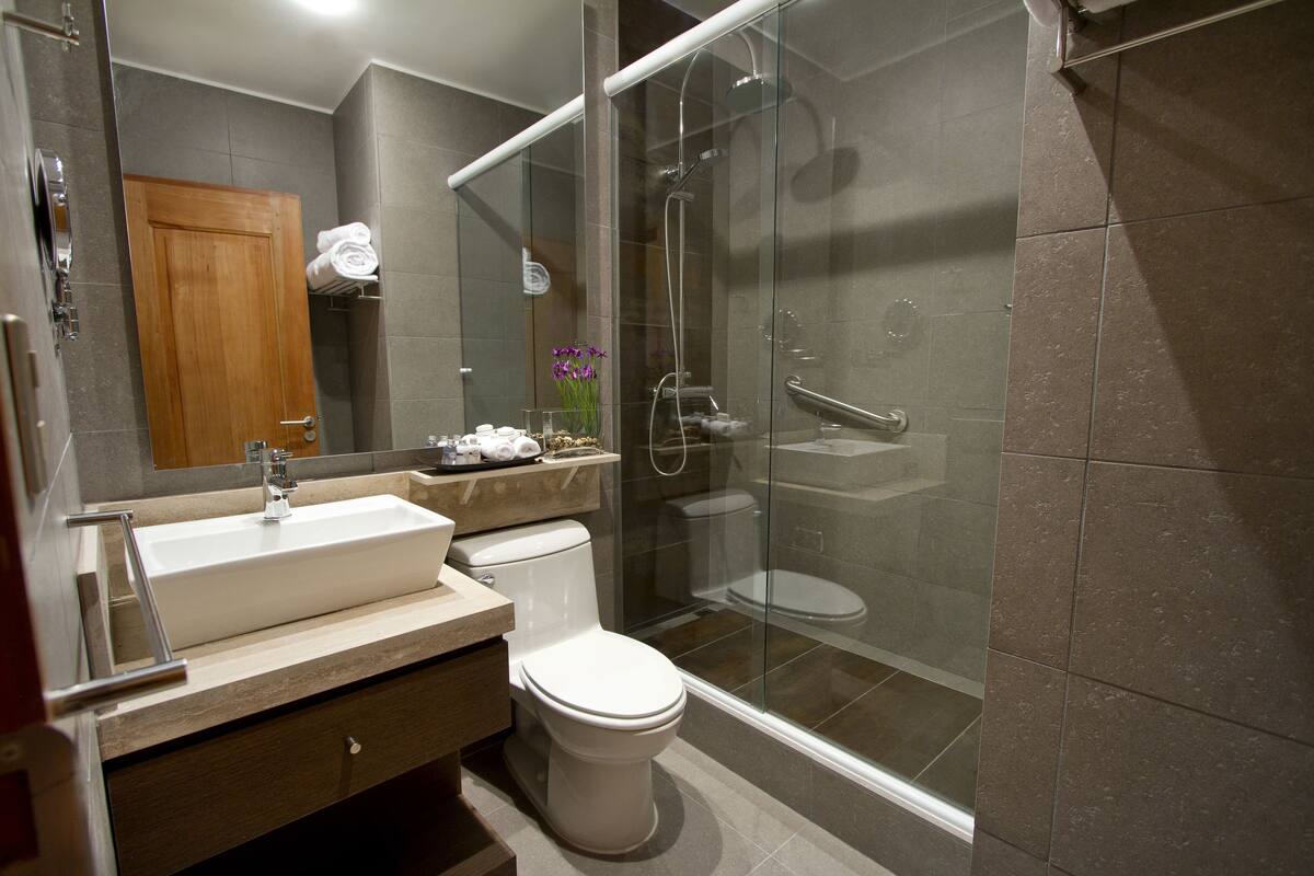 standard single room, 1 king bed | bathroom | free toiletries, hair dryer, bathrobes, towels