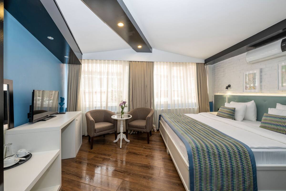 Habitación de hotel con cama, dos sillones, una mesita con un florero, televisor y escritorio con una bandeja de objetos.