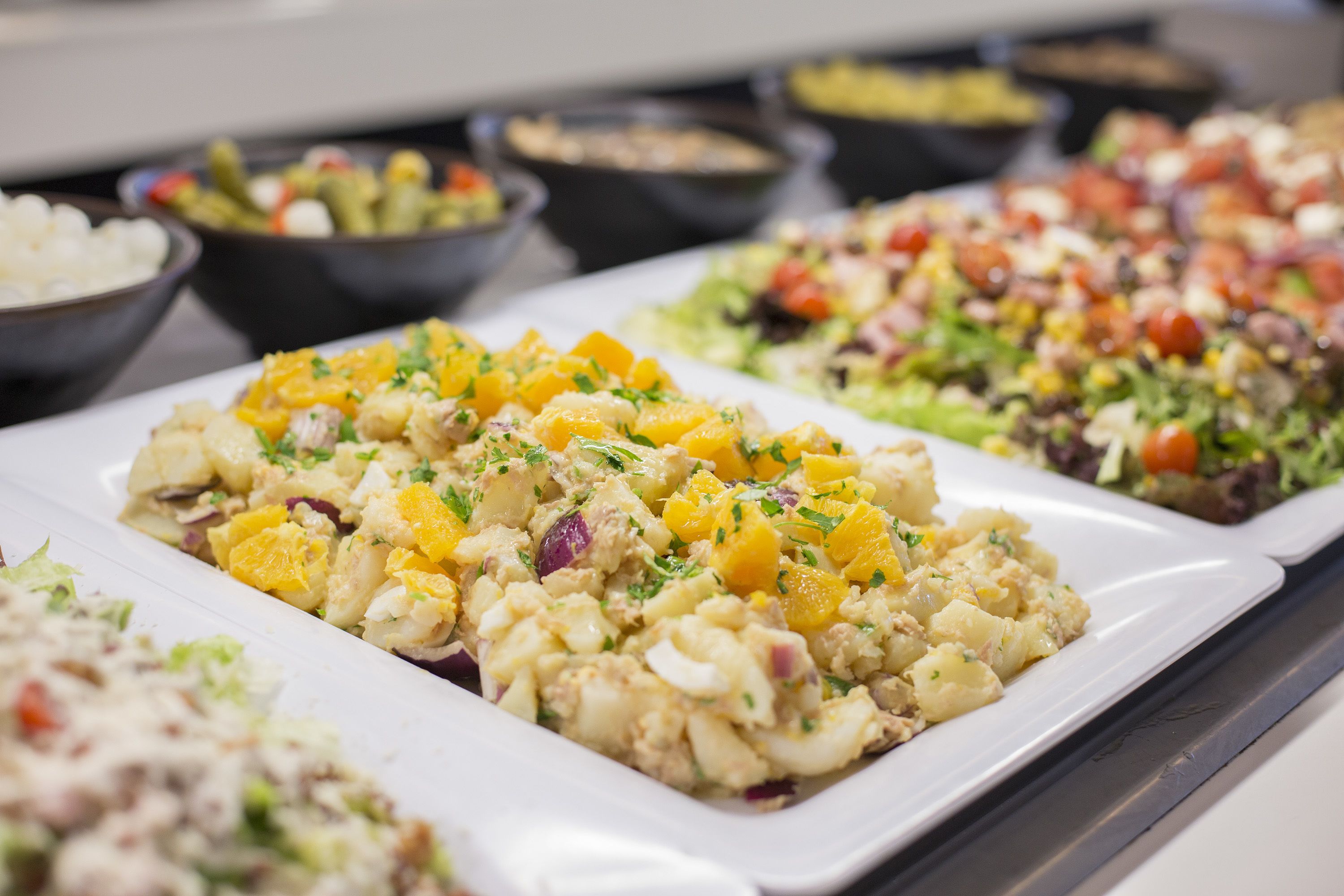 A buffet with various dishes including a potato salad with orange chunks, a salad with mixed greens and tomatoes, and other assorted dishes.