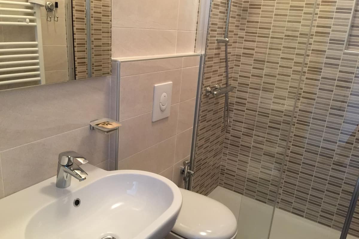 design double room, lake view | bathroom | shower, free toiletries, hair dryer, bidet