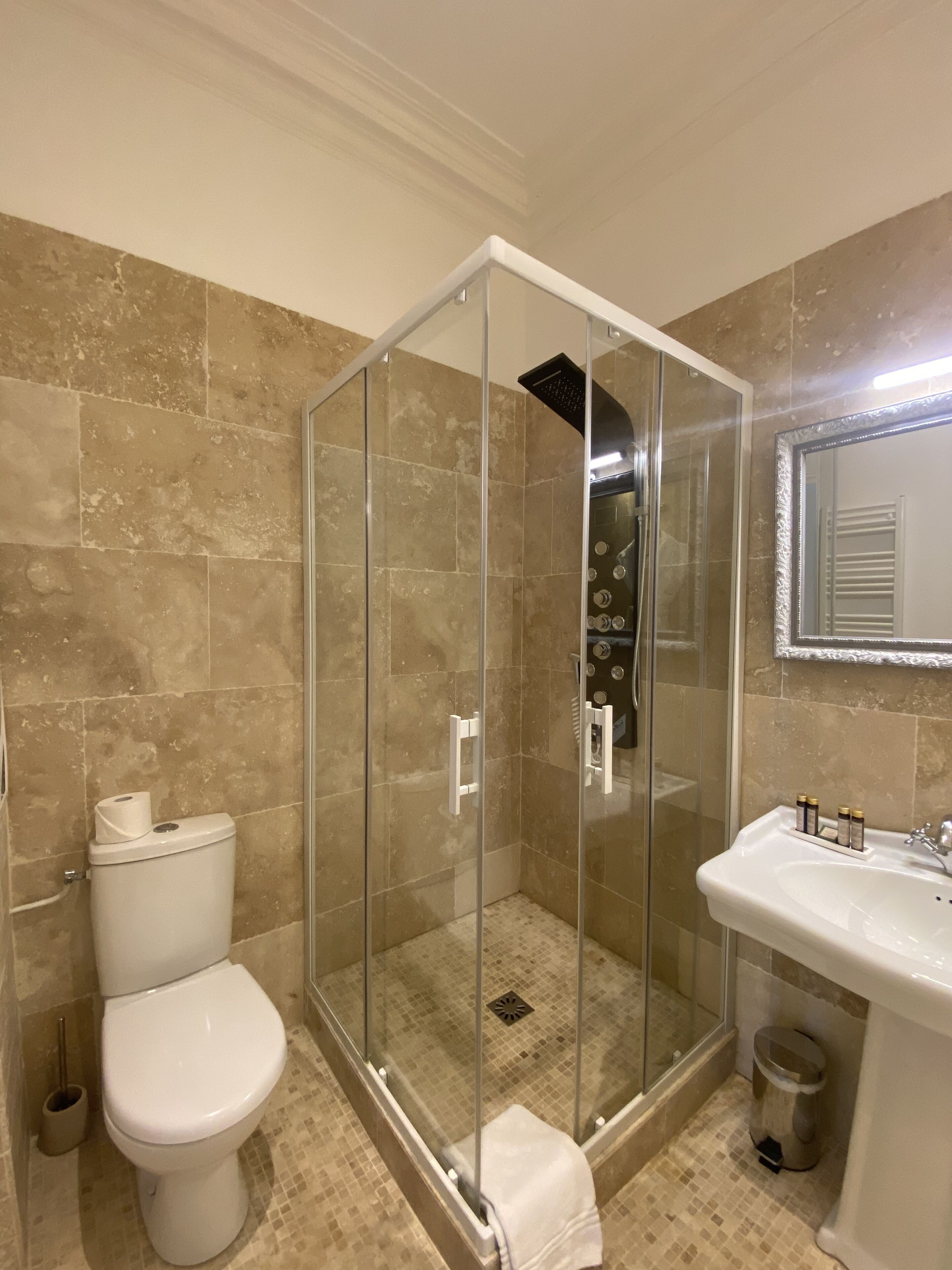 A bathroom with a glass-enclosed shower, a toilet, a sink, and a mirror.